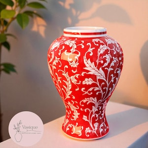 Red Porcelain Vase with White Floral Pattern – Elegant Ceramic Decor Prosperity Bloom