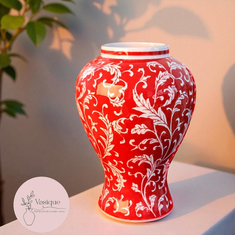 Red Porcelain Vase with White Floral Pattern – Elegant Ceramic Decor Prosperity Bloom
