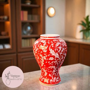 Red Porcelain Vase with White Floral Pattern – Elegant Ceramic Decor image 1