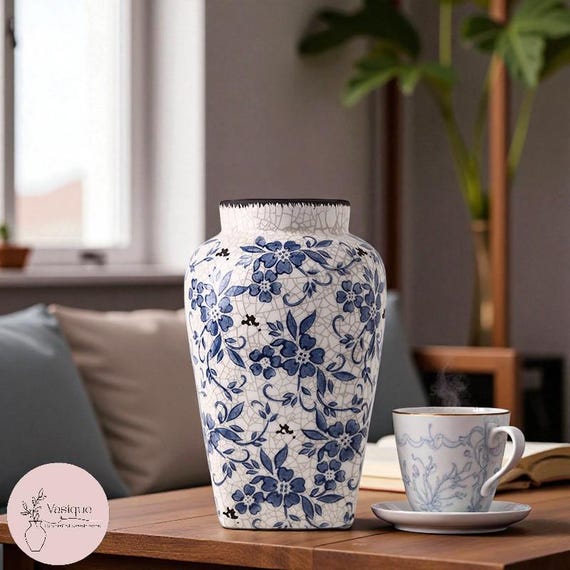 ひび割れ模様の青い花瓶 壺 中国？ ひび割れ模様の青い花瓶 壺 中国？ 青と白の陶器の花瓶セット | 手作り