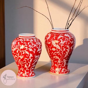 Red Porcelain Vase with White Floral Pattern – Elegant Ceramic Decor image 5