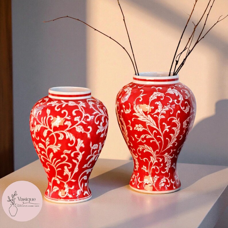Red Porcelain Vase with White Floral Pattern – Elegant Ceramic Decor image 5
