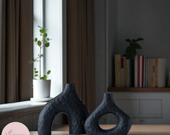 Skulptural keramisk vasuppsättning | Moderna mattsvarta och vita vaser | Minimalistisk organisk inredning | Nordisk konstvas | Modern heminredning