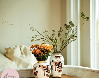 Handmålad duo-vas i keramik för ridsport | Vintage hästdesign för heminredning | Orientaliska porslinskonstvaser för vardagsrum | Chinoiserie-vas