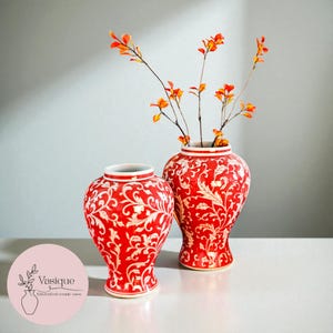 Red Porcelain Vase with White Floral Pattern – Elegant Ceramic Decor image 2