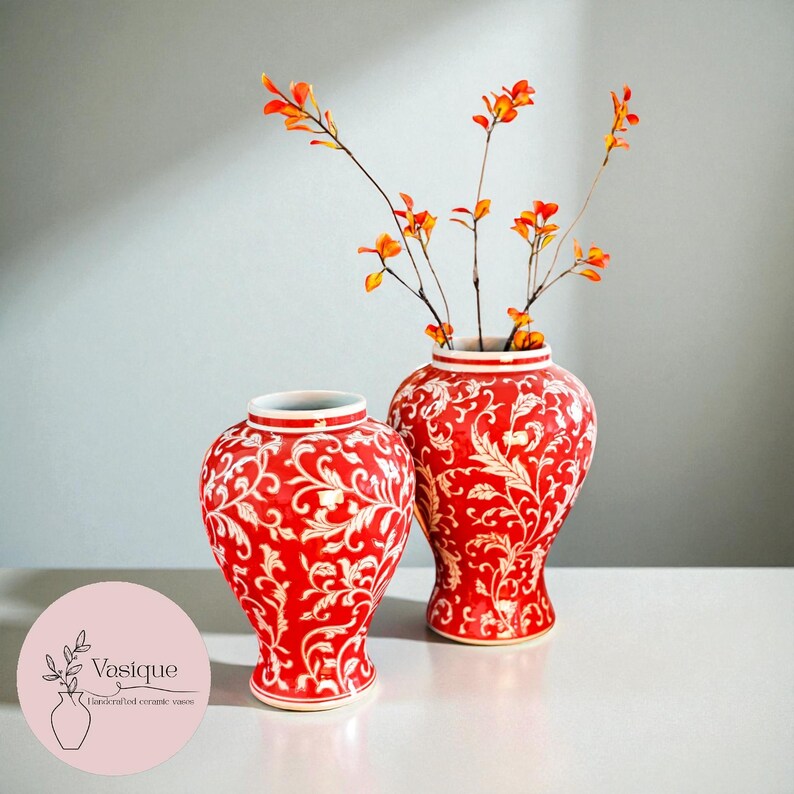 Red Porcelain Vase with White Floral Pattern – Elegant Ceramic Decor image 2
