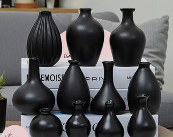 Matte Black Ceramic Vase | Nordic Minimalist Handmade Vases for Dried Flowers | Hydroponic Vase Ornaments | Modern Home Decor