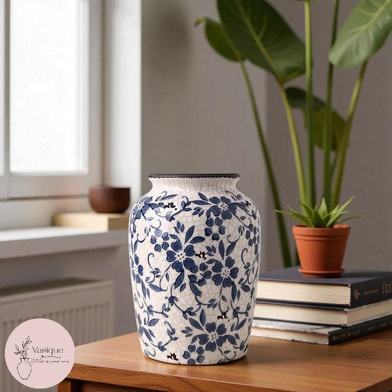 青と白の陶器の花瓶セット | 手作りのレトロな磁器の花瓶