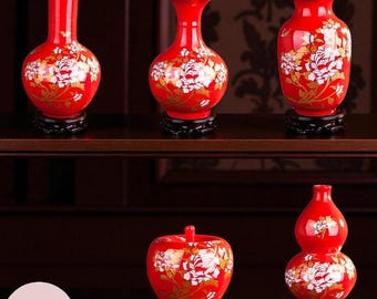Röd porslinsvas | Handgjord Jingdezhen keramisk blomvas | Kinesisk bröllopsdekoration | Elegant heminredning och present | Handgjord heminredning