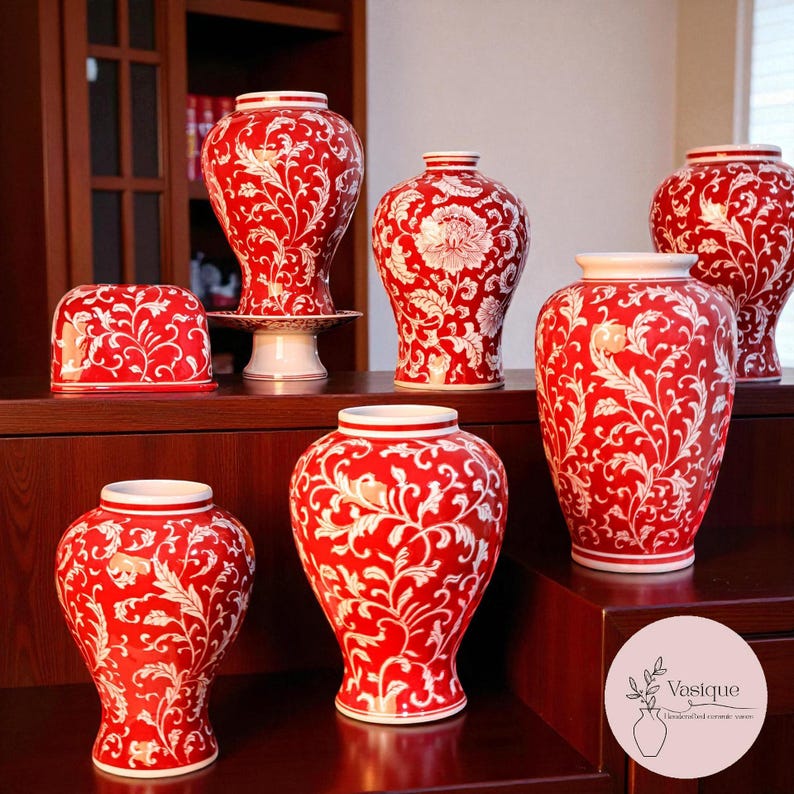 Red Porcelain Vase with White Floral Pattern – Elegant Ceramic Decor image 3