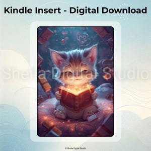 Puede incluir: Descarga digital de una ilustración caprichosa con un lindo gatito leyendo un libro brillante. El gatito está rodeado de libros flotantes y un fondo suave y soñador. El texto "Kindle Insert - Digital Download" está en la parte superior.