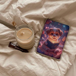 Puede incluir: Un vaso transparente con una bebida beige y una pajita de cristal con un pequeño adorno de oso marrón, un tubo marrón oscuro con la etiqueta rhode y una funda de tableta rectangular con una colorida ilustración de un cachorro leyendo.