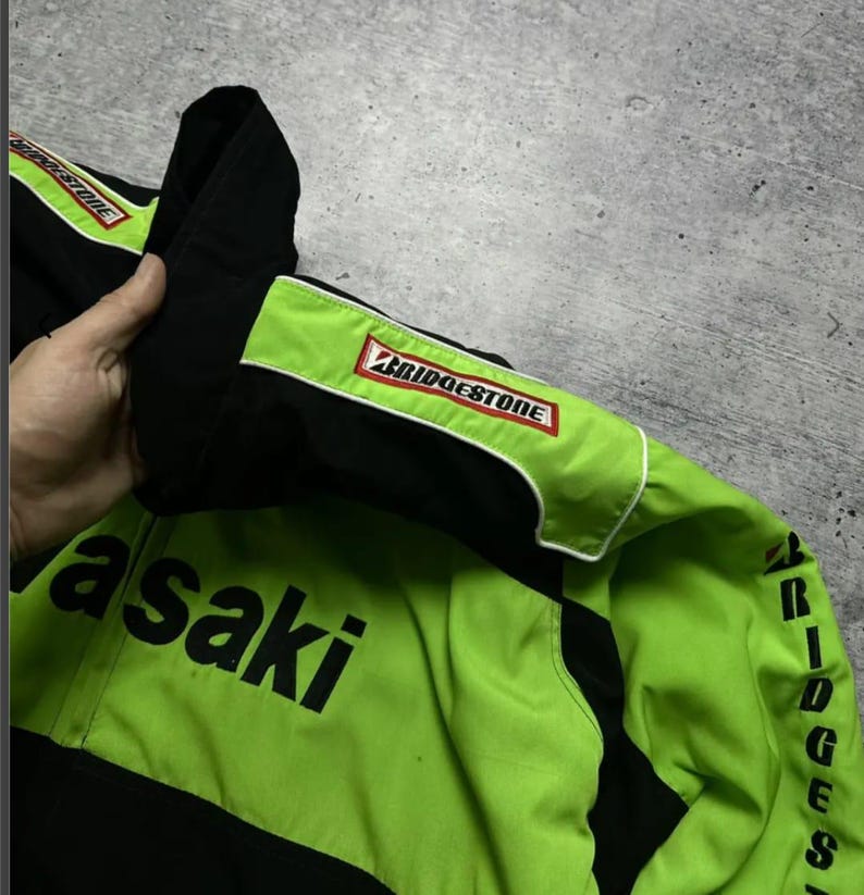 Vintage Kawasaki Racing Jacket, Neon Green Black Bridgestone Bomber ...