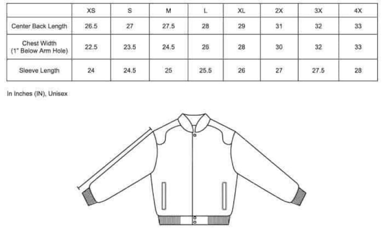 May include: A black and white line drawing of a unisex jacket with a ribbed hem and cuffs. A size chart in inches is displayed above the jacket, detailing measurements for XS to 4X sizes, including center back length, chest width, and sleeve length.