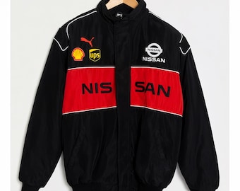 Vintage Nissan Racing Jacket, Black Red Motorsport Windbreaker, Retro Car Enthusiast Bomber