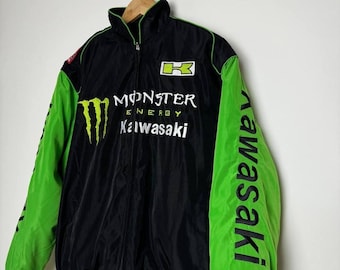 Kawasaki Monster Energy Racing Jacket, GreenBlack Moto MX Team Apparel, Retro Jacket Unisex Streetwear
