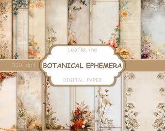 May include: A collection of digital paper designs with a botanical theme. The designs feature floral arrangements, vintage textures, and the text "Leaf & Line BOTANICAL EPHEMERA DIGITAL PAPER" in a decorative frame. The color palette includes beige, cream, and muted floral tones.
