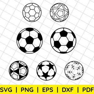 May include: A collection of soccer ball designs in black and white. The image features various soccer ball styles, including traditional pentagon and hexagon patterns, and more abstract designs. The bottom of the image displays the text "SVG | PNG | EPS | DXF | PDF" in yellow.