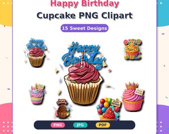 Gelukkige verjaardag cupcake clipart png, feestdessert JPG, pdf (digitale download)