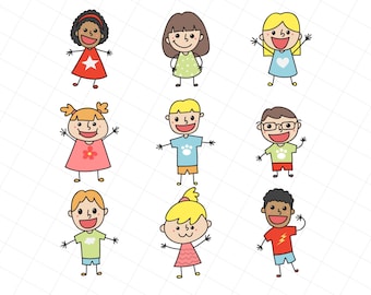 May include: A collection of nine cartoon children, each with unique hairstyles and outfits. The children are smiling and waving, with a variety of clothing including dresses, shirts, and shorts. The background is a white grid.