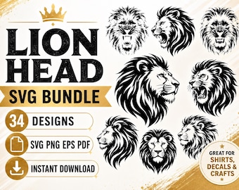 May include: A digital SVG bundle featuring various lion head designs in black and white. The image includes the text "LION HEAD SVG BUNDLE" and "34 DESIGNS". Formats include SVG, PNG, EPS, and PDF, with instant download availability. Great for shirts, decals, and crafts.