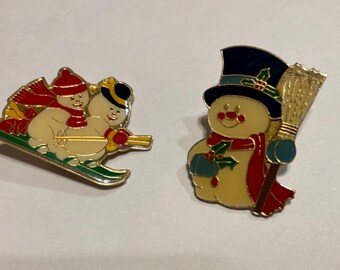 Lot Of 2 Vintage Snowman Pins. Snow Skiing. Collectable Christmas Ugly Sweater Pins