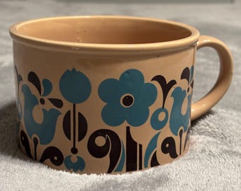 MCM retro mug blue tulip design made in japan - coffee cereal soup flower pot optional. Baroque folk art