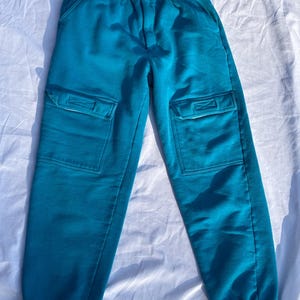 Vintage 90s Claybrooke Sport Teal Fleece Cargo Pants Baggy Joggers Heavyweight Gorpcore Streetwear Utility Sweatpants Snap Waist Size Medium