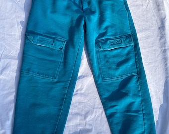 Vintage 90s Claybrooke Sport Teal Fleece Cargo Pants Baggy Joggers Heavyweight Gorpcore Streetwear Utility Sweatpants Snap Waist Size Medium