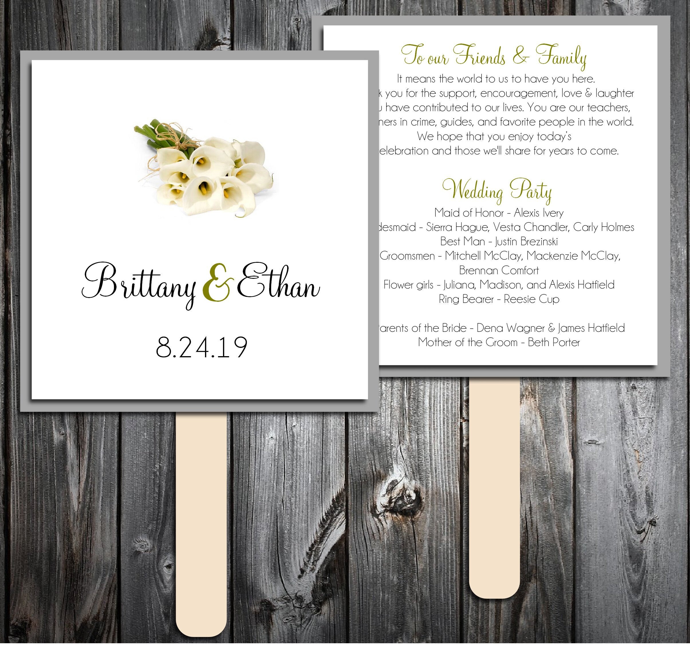 50 Wedding Program Fans Kit Calla Lily Printed Personlized