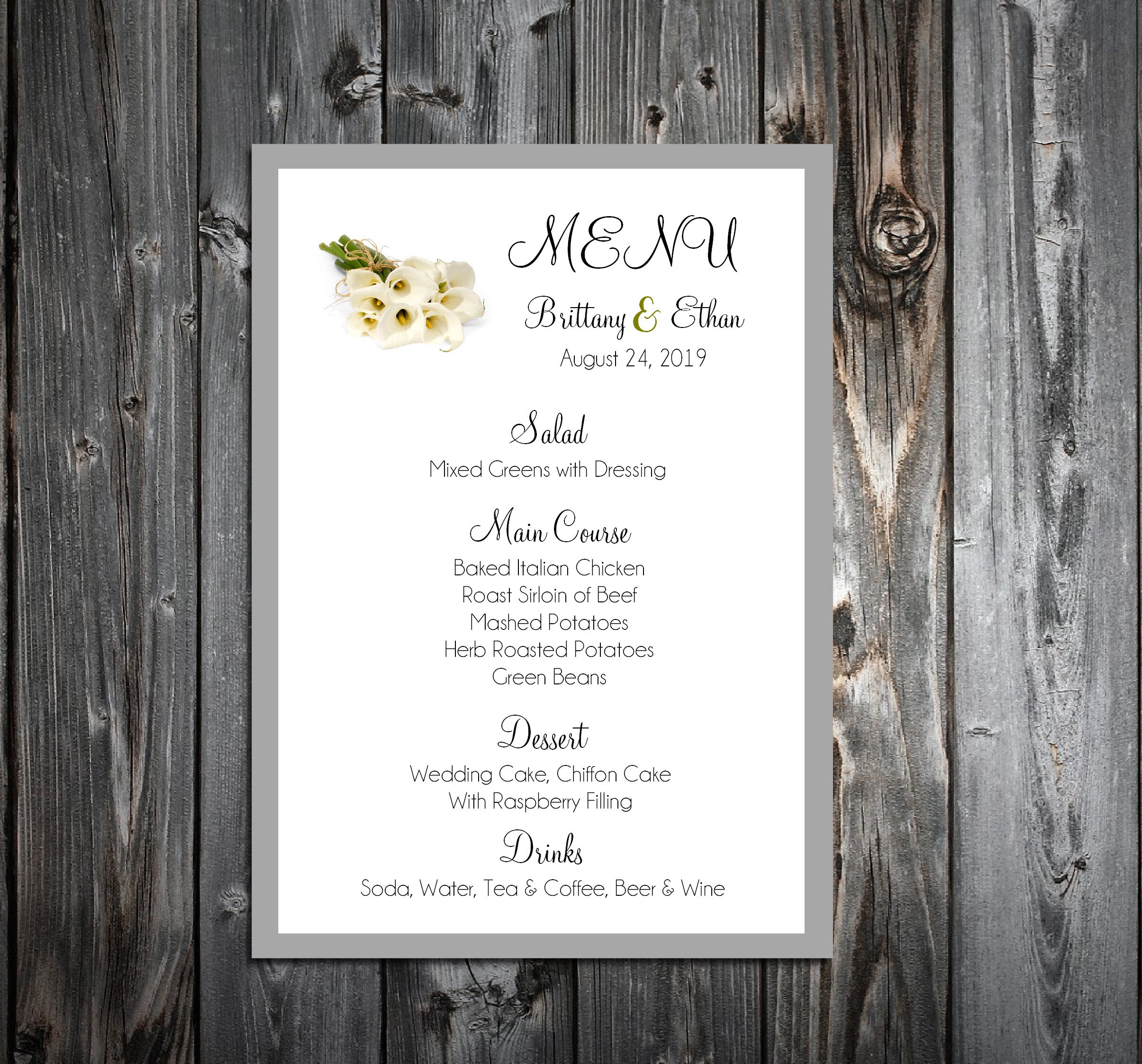 100 Calla Lily Wedding Menu Cards Calla Lilies Dinner Menus Etsy