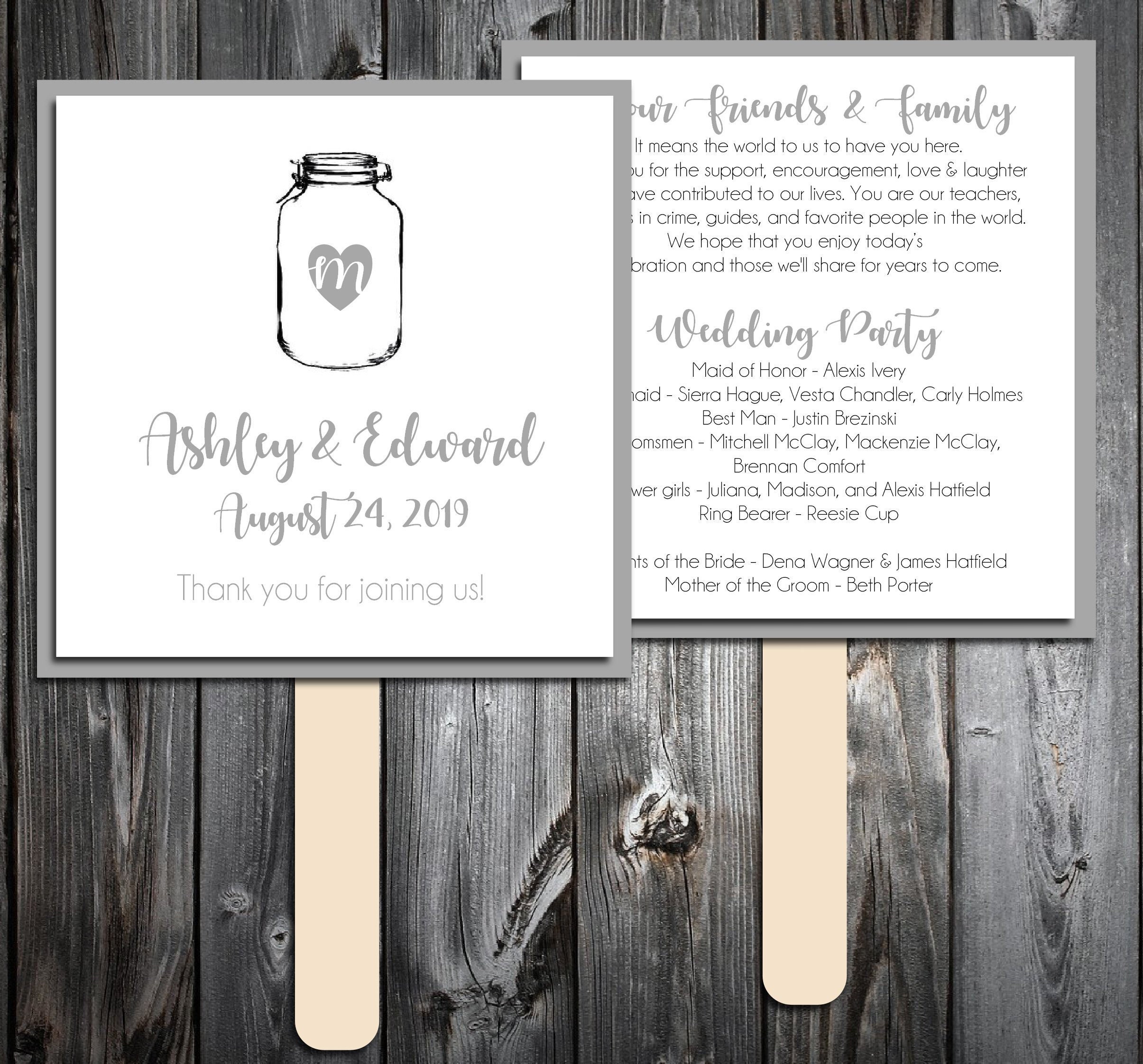50 Wedding Program Fans Kit Mason Jar Printed Personlized
