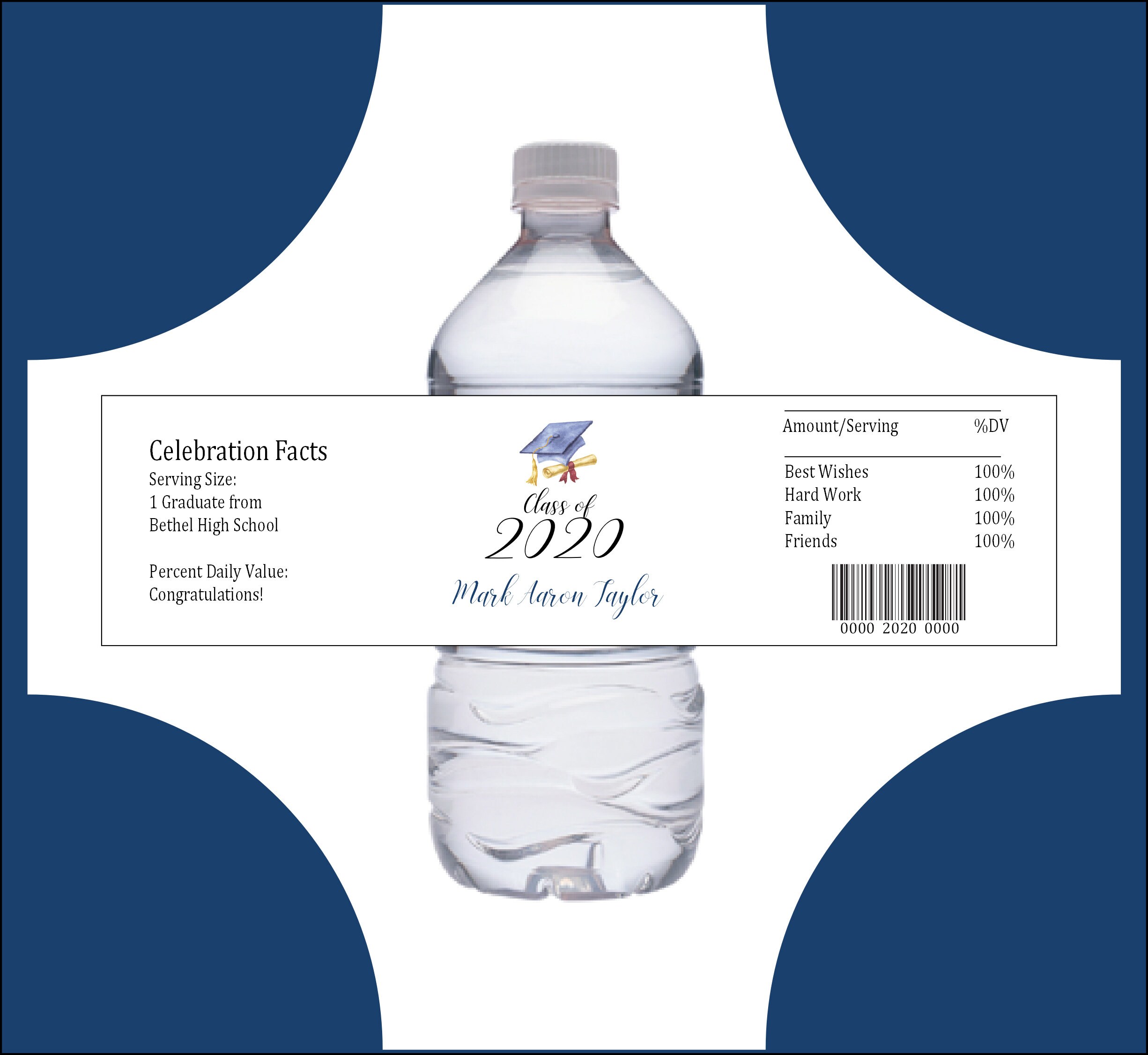 50 Graduation water bottle labels - Price includes personalization and printing - Class of 2020