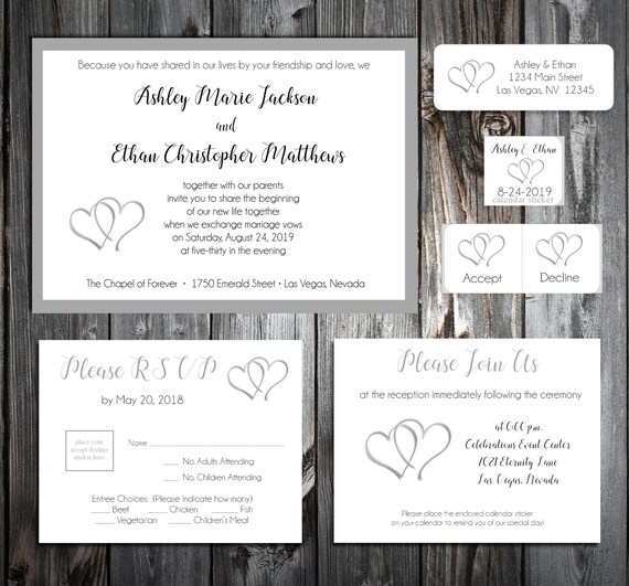 50 Wedding Invitations Double Hearts Printed Etsy