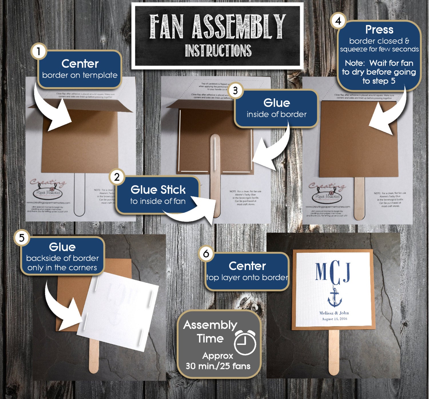 50 Wedding Program Fans Kit Monogram Printed Personlized