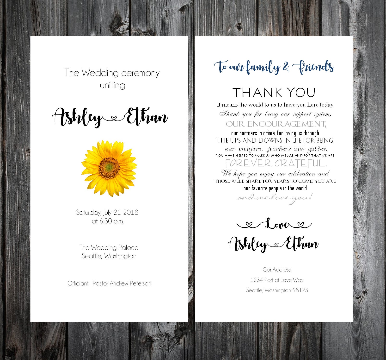 100 Wedding Programs Sunflower Printed Personalized