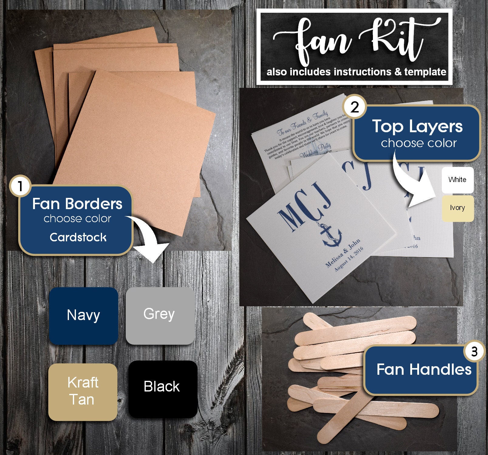 50 Wedding Program Fans Kit Monogram Printed Personlized