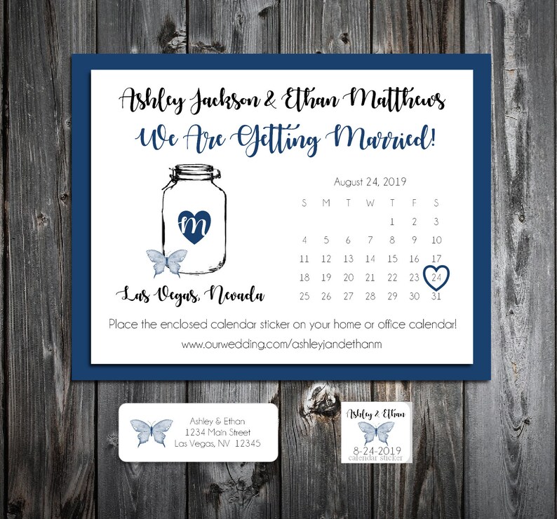 50 Wedding Save the Date Cards Printed Mason Jar with Butterfly Personalized Save the Dates Invitations