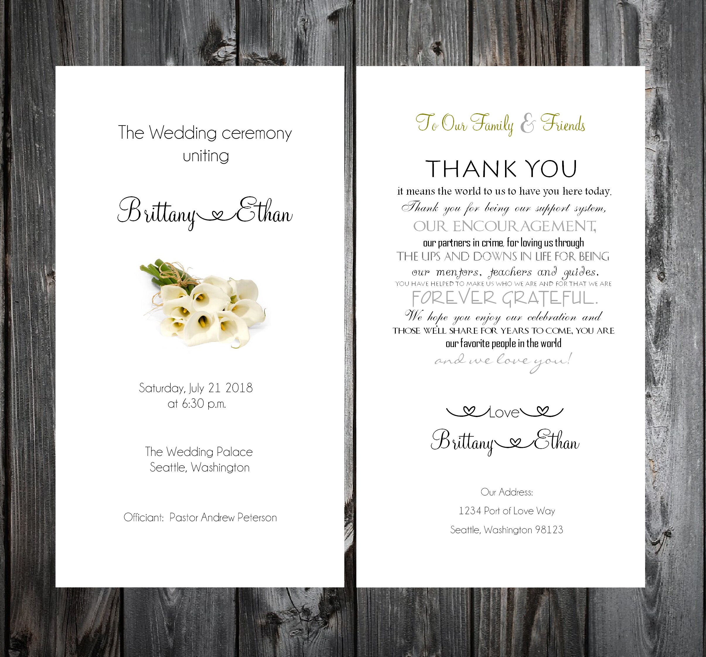 100 Wedding Programs Calla Lily Printed Personalized Calla