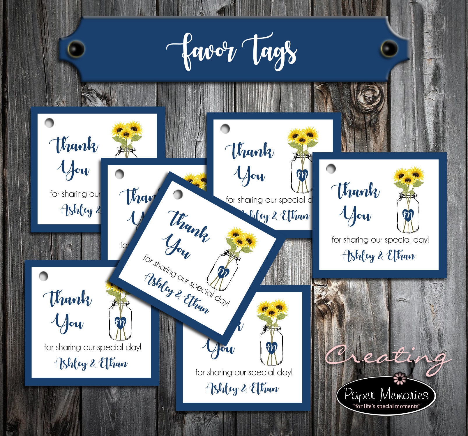 75 Wedding Favor Tags Mason Jar With Sunflowers Printed