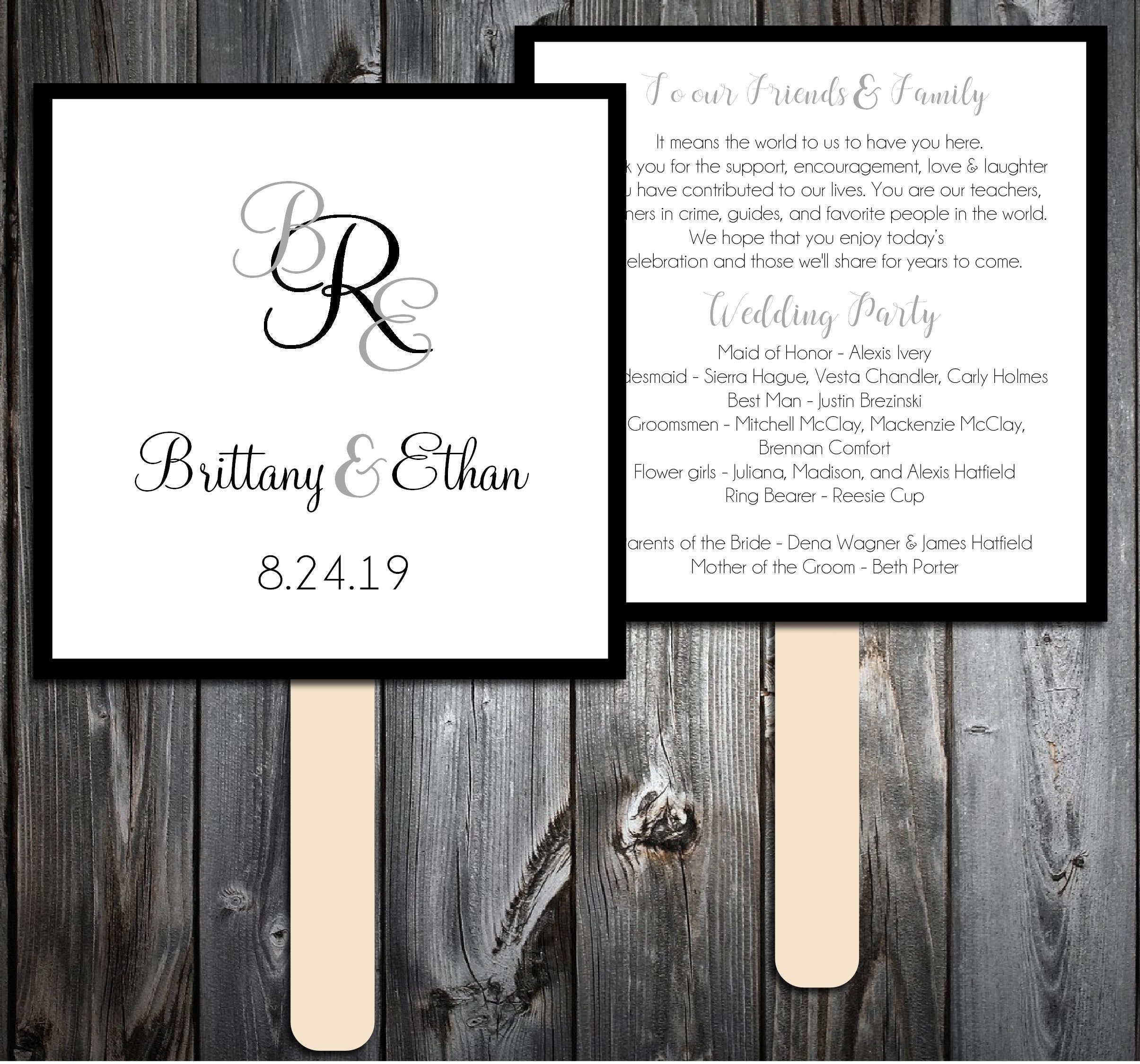 50 Wedding Program Fans Kit Monogram Printed Personlized