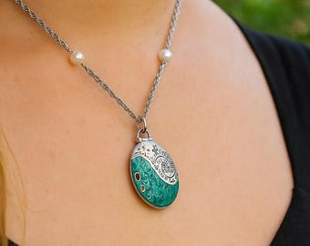 Ocean Wave Mo@na Enamel Locket Necklace | Silver Pearl Chain, Hidden Charm