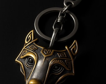 Viking Keychain, Stainless Steel Norse Wolf With Antique Finish