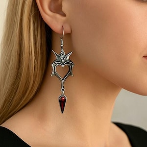 Gothic Heart Earring, Zinc Alloy with Antique Silver Finish and Red Crystal Dangle