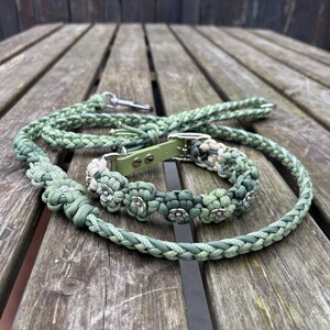 May include: A sage green paracord dog collar and matching lead set. The collar features a light green strap with a silver buckle and is adorned with woven floral patterns in shades of green and white, accented by small silver flower-shaped charms.