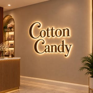 May include: A wall-mounted sign featuring the words Cotton Candy in large, dark, three-dimensional lettering. The sign is illuminated from behind with a warm, glowing light that creates a soft halo effect against the smooth, beige-toned wall surface.