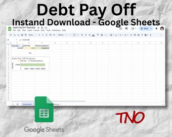 May include: A digital debt payoff tracker template in Google Sheets. The text "Debt Pay Off" and "Instant Download - Google Sheets" are displayed at the top. The spreadsheet shows debt and remaining balance. A green Google Sheets icon is at the bottom.