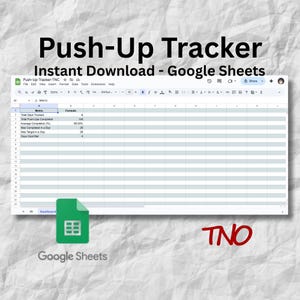 Peut inclure: Un modèle numérique de suivi des pompes dans Google Sheets. La feuille de calcul affiche des mesures telles que le nombre total de jours suivis, le nombre total de pompes effectuées et le pourcentage moyen d'achèvement. Le texte "Push-Up Tracker" et "Instant Download - Google Sheets" sont visibles.