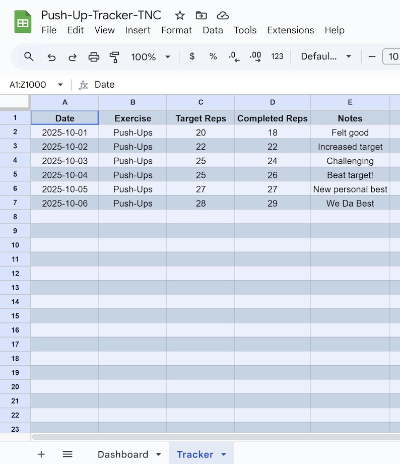 Push-up Tracker | Google Sheets & Printable | Fitness Progress Template ...