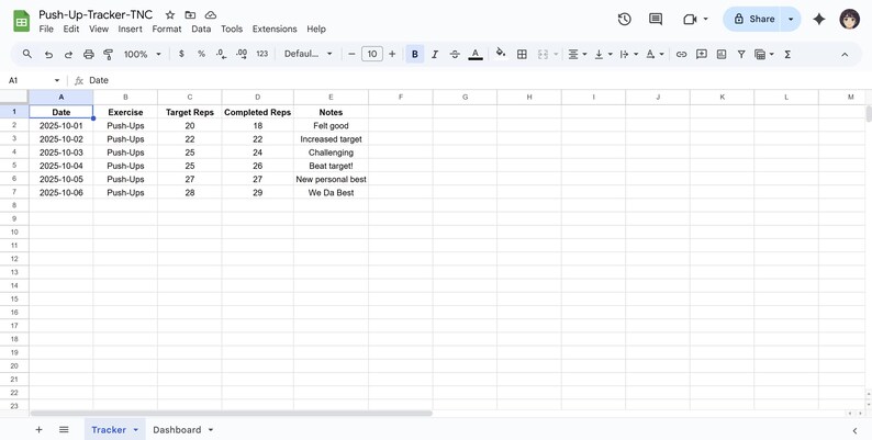 Push-up Tracker | Google Sheets & Printable | Fitness Progress Template ...